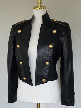 Vintage Michael Hoban North Beach Leather Cropped Military Jacket Gold Buttons